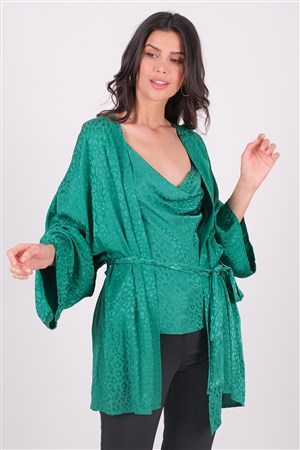Misiana Leopar Jakarlı Kimono Yeşil