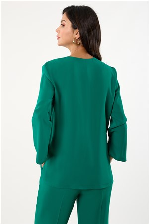 Clake Yakasız V Aksesuar Detaylı Bluz Yeşil