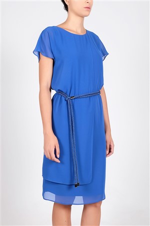 Kemerli Şifon Elbise L.Mavı