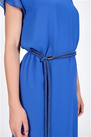 Kemerli Şifon Elbise L.Mavı