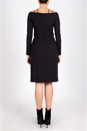 Şerit Deri Detaylı Likralı Krep Elbise Sıyah