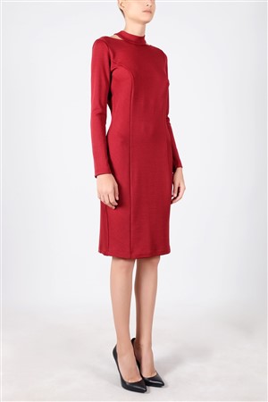 Boğaz Detaylı Uzun Kol Örme Elbise Kırmızı