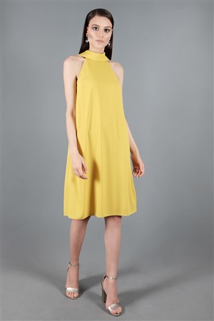 Tierra Krep Kolsuz Elbise Koyu Sarı