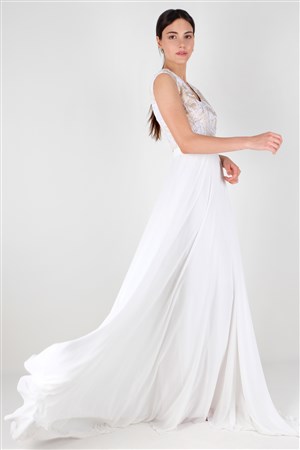 Boyel Şifon Uzun Abiye Elbise Beyaz