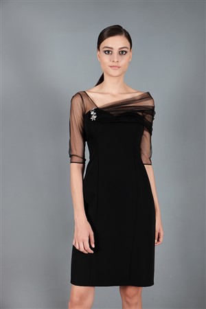 Emina Tül Krep Abiye Elbise Siyah