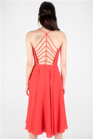 Sırtı İp Detaylı Krep Elbise Mercan