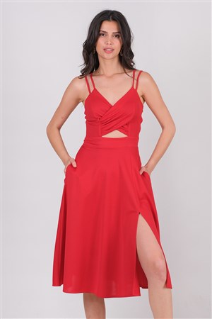 Cavallin Kruvaze Askılı Kısa Abiye Elbise Kırmızı