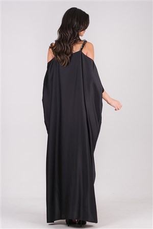 Cescon Omuzu Açık Taş Aksesuar Askılı Uzun Abiye Elbise Siyah