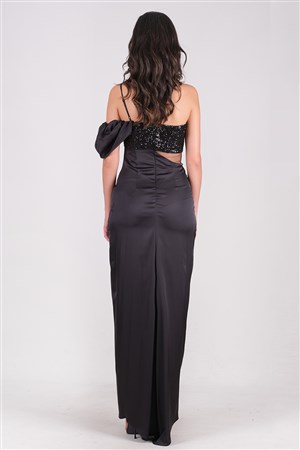 Nazaro Kalp Yaka Tek Askılı Beli Transparan Uzun Abiye Elbise Siyah