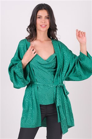Misiana Leopar Jakarlı Kimono Yeşil