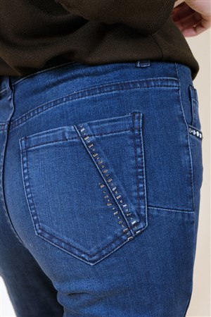 Cep Detayları Taşlı Denim Pantolon Mavi