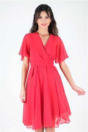 Leonello Kruvaze Şifon Elbise Kırmızı