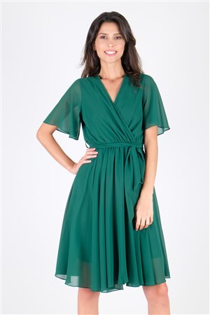 Leonello Kruvaze Şifon Elbise Zümrüt Yeşili