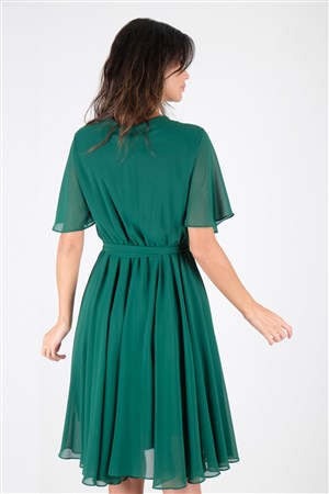 Leonello Kruvaze Şifon Elbise Zümrüt Yeşili