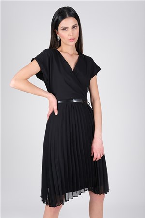 Alberico Kruvaze Pliseli Elbise Siyah