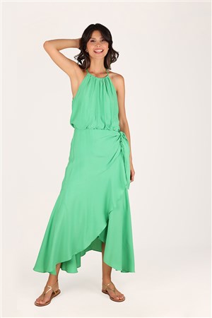 Baotian Asimetrik Kesim Beli Bağlamalı Elbise Yeşil
