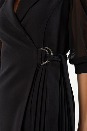 Beana Kruvaze Yaka D Tokalı Yanı Piliseli Elbise Siyah