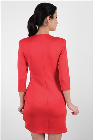 Clarabella Kruvaze Yaka Toka Detaylı Asimetrik Elbise Kırmızı