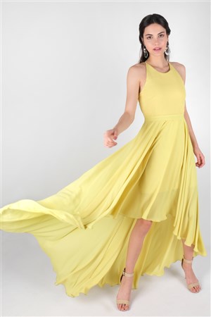 Versal Krep Uzun Abiye Elbise Sarı