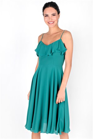 Lillyana Fırfırlı Askılı Kısa Elbise Yeşil