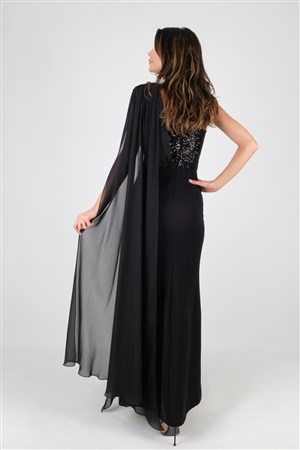 Agato Roba Pullu Uzun Abiye Elbise Siyah