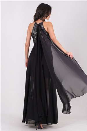 Gerico Payet Detaylı Halter Yaka Uzun Abiye Elbise Siyah