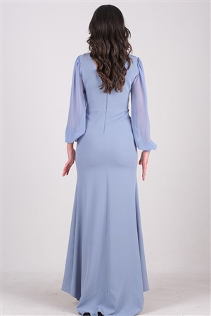 Giannina Kruvaze Taş Aksesuarlı Uzun Abiye Elbise Mavi