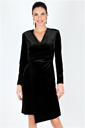 Loyola Kadife Vatkalı Yanı Büzgülü  Elbise Siyah