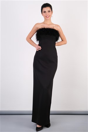 Olivetta Straplez Tüylü Uzun Abiye Elbise Siyah
