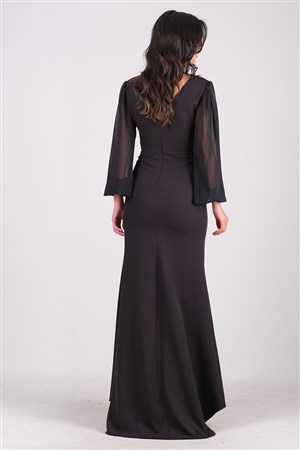 Giannina Kruvaze Taş Aksesuarlı Uzun Abiye Elbise Siyah