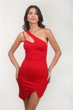 Firenza Asimetrik Yakaı Kısa Abiye Elbise Kırmızı